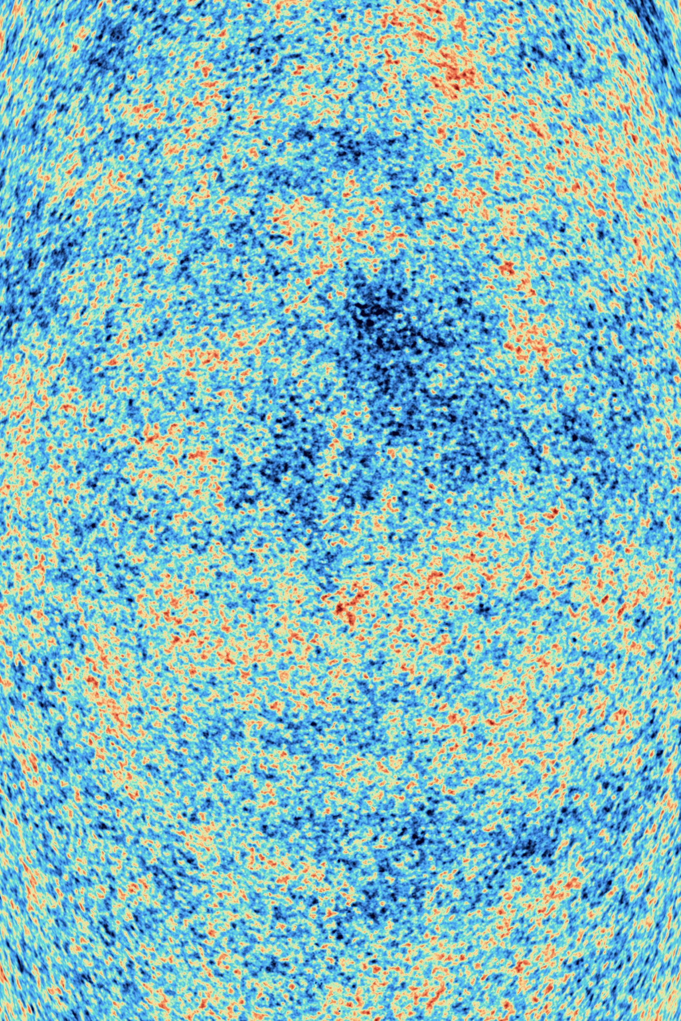 A crop of the Planck satellite’s all-sky map of the cosmic microwave background, mottled red and blue patches of slightly hotter and colder sky