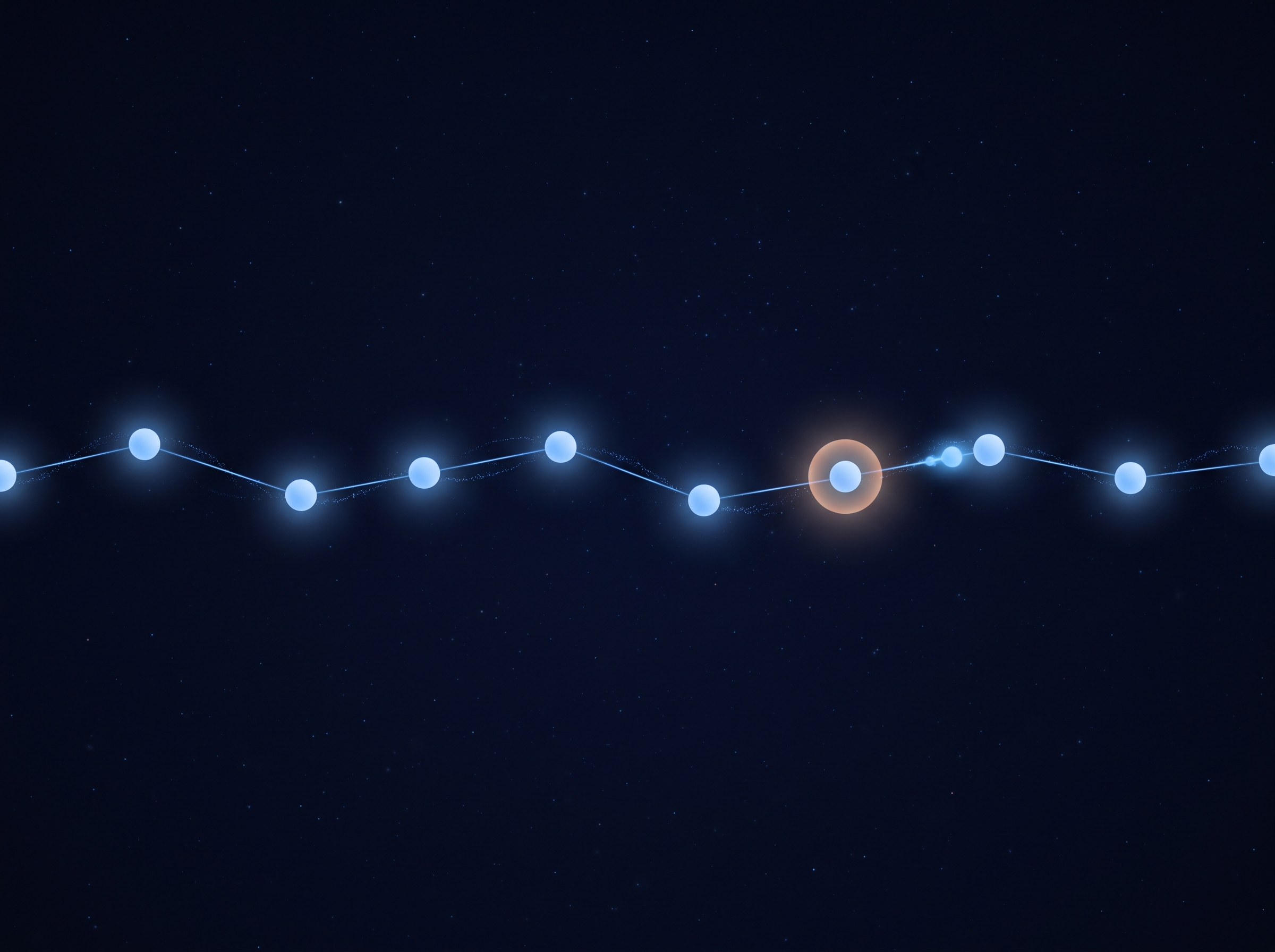 A glowing checklist-like sequence of small verification nodes in a row, one node flagged with a subtle warning-colored glow just before being corrected back to a clean matching glow.