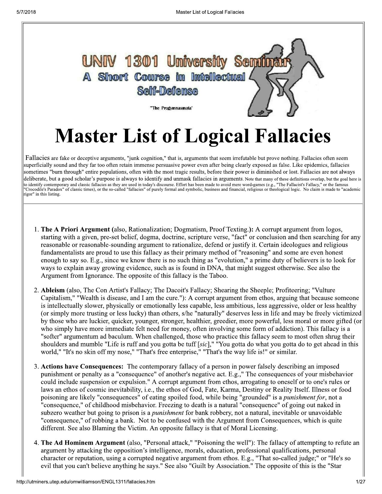 The title page of Owen M. Williamson’s Master List of Logical Fallacies, a UTEP course handout with an illustration of two figures play-fighting and the title text below