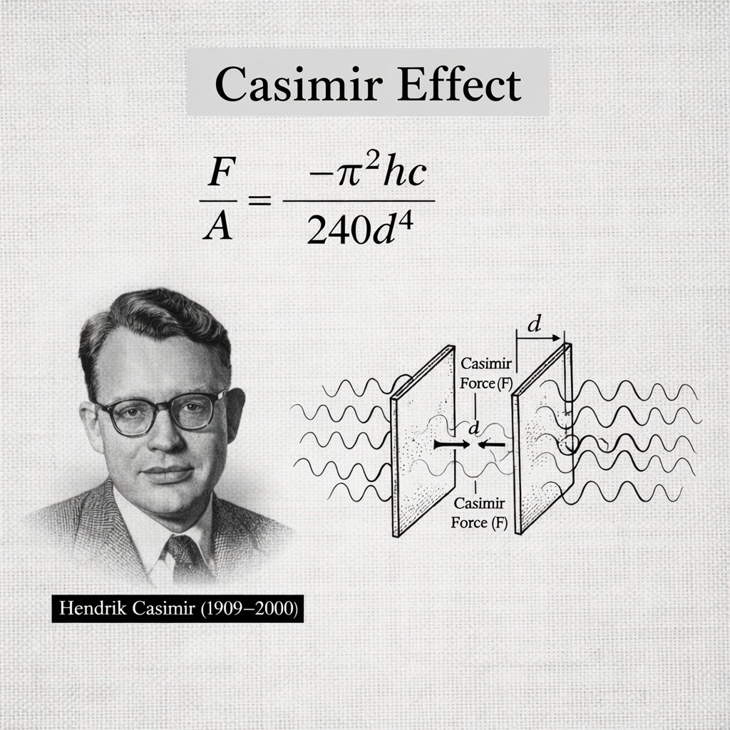 Casimir Effect diagram: two conducting plates separated by distance d, pulled together by restricted vacuum field modes, with the formula F/A = -π²ħc/(240d⁴) and a portrait of Hendrik Casimir