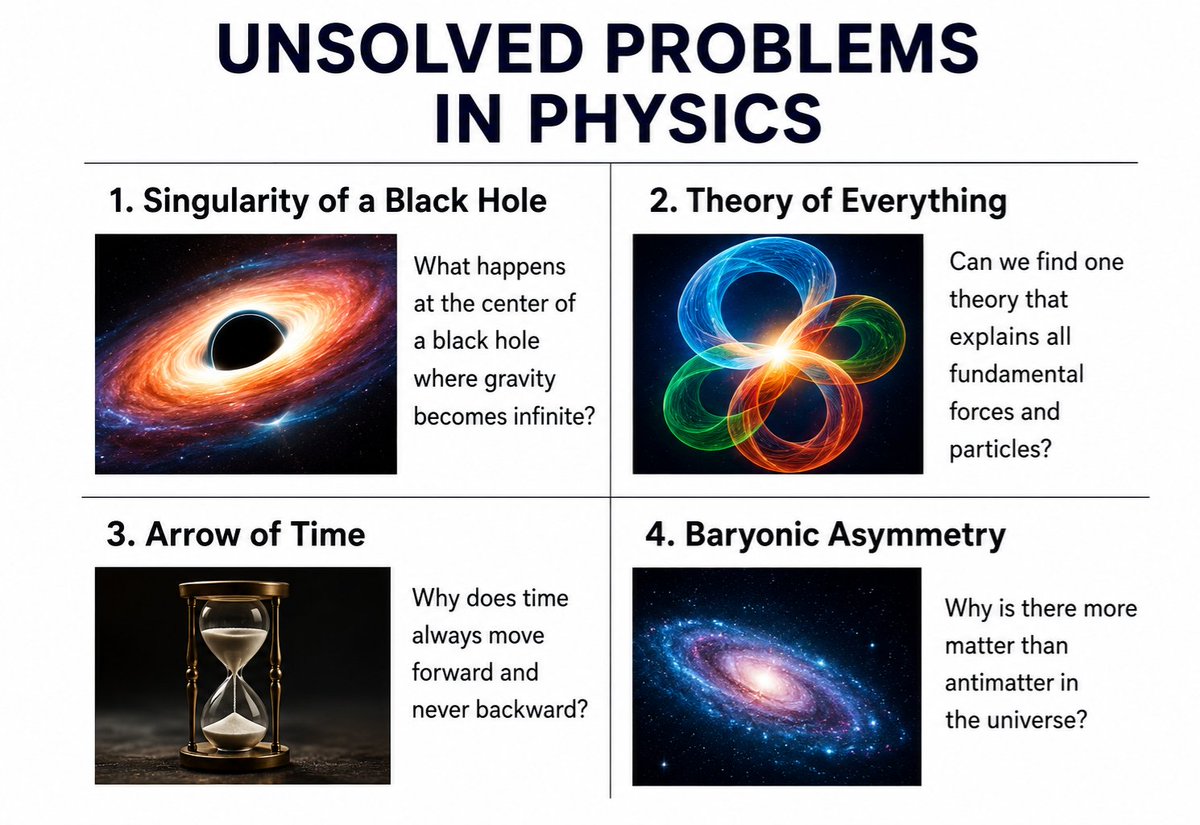 Infographic titled “Unsolved Problems in Physics” listing four open questions: Singularity of a Black Hole, Theory of Everything, Arrow of Time, and Baryonic Asymmetry