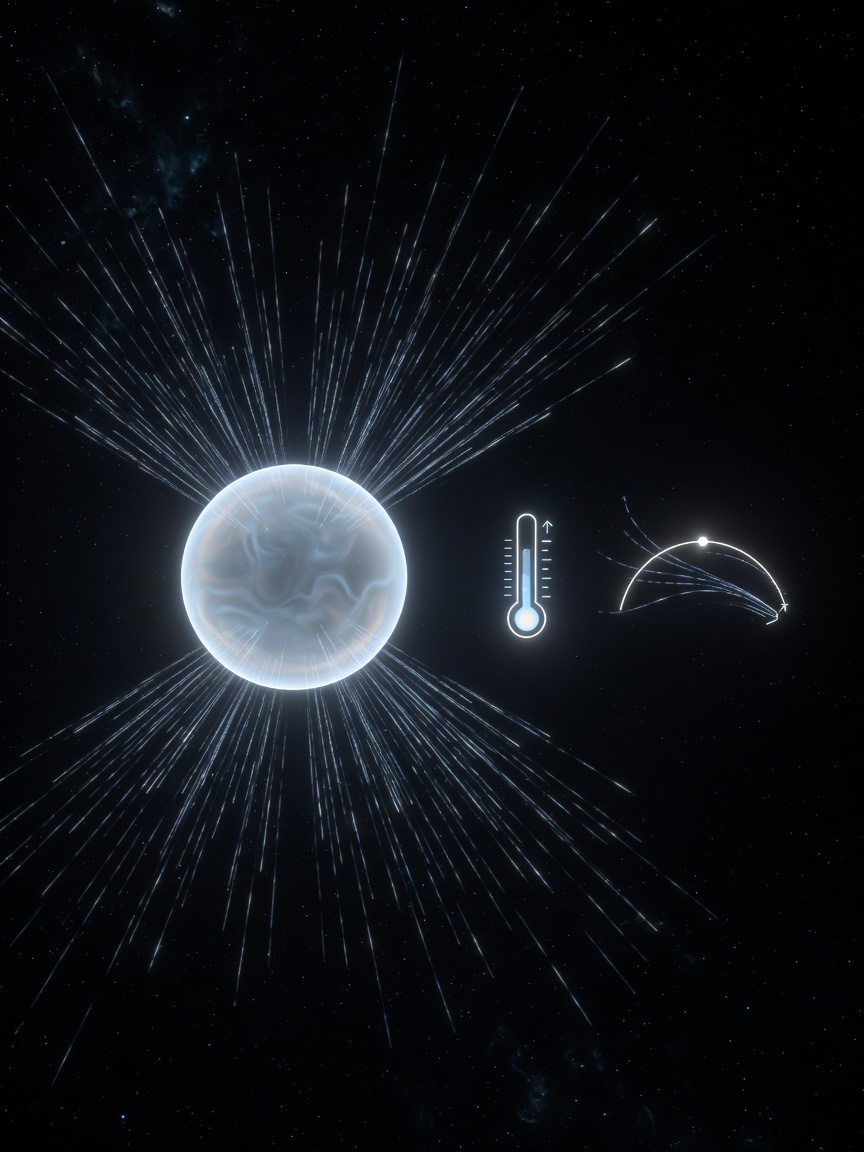 A single glowing translucent sphere in deep space, struck evenly from every direction by a fine rain of tiny bright particles; beside it, two small thin-line glowing icons float in the dark — a thermometer glyph representing the heating calculation, and a curved orbital arc with a drag trail representing the drag calculation